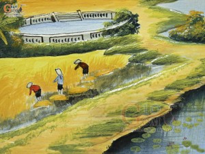 Tranh sứ cao cấp vẽ cảnh Làng Quê, 60x90cm