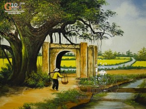 Tranh sứ cao cấp vẽ cảnh Làng Quê, 68x128cm