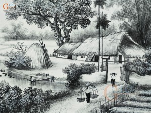 Tranh sứ cao cấp vẽ cảnh Làng quê bên sông, 60x90cm