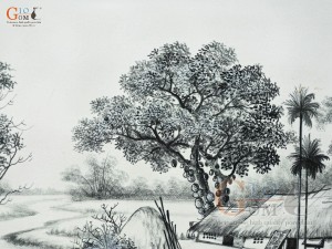 Tranh sứ cao cấp vẽ cảnh Làng quê bên sông, 60x90cm