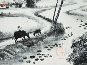 Tranh sứ cao cấp vẽ cảnh Làng quê bên sông, 60x90cm