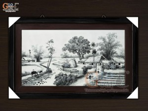 Tranh sứ cao cấp vẽ cảnh Làng quê bên sông, 60x90cm
