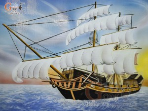 Tranh sứ cao cấp vẽ cảnh Thuận Buồm Xuôi Gió, 68x128cm