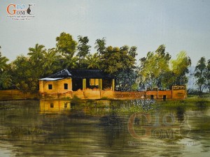 Tranh sứ cao cấp vẽ cảnh chèo thuyền, 68x128cm