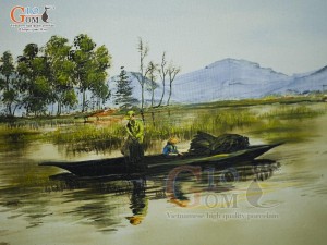 Tranh sứ cao cấp vẽ cảnh chèo thuyền, 68x128cm
