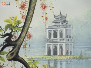 Tranh sứ cao cấp vẽ Tháp Rùa, 60x90cm