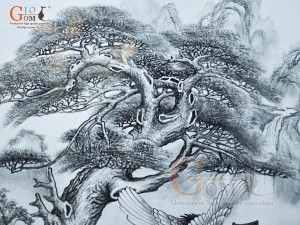 Tranh sứ cổ mặc cao cấp vẽ cảnh Tùng Hạc - Thọ Tỷ Nam Sơn, 68x128cm