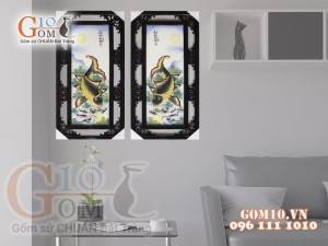 Bộ tranh sứ đắp nổi Lý Ngư Vọng Nguyệt, 87x43cm