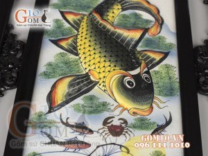 Bộ tranh sứ đắp nổi Lý Ngư Vọng Nguyệt, 87x43cm