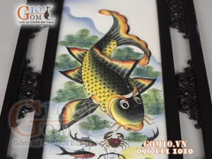 Bộ tranh sứ đắp nổi Lý Ngư Vọng Nguyệt, 87x43cm