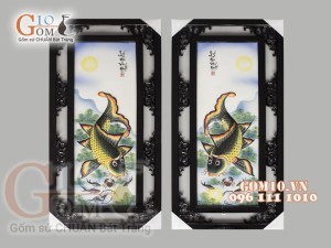 Bộ tranh sứ đắp nổi Lý Ngư Vọng Nguyệt, 87x43cm