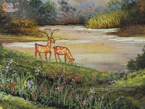 Tranh sứ thủy mặc cao cấp vẽ cảnh Lộc tụ non xanh, 68x128cm