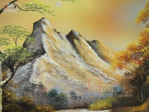 Tranh sứ thủy mặc cao cấp vẽ cảnh Lộc tụ non xanh, 68x128cm