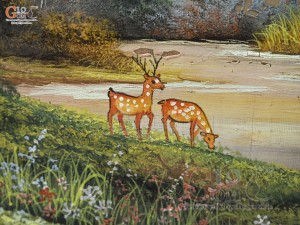 Tranh sứ thủy mặc cao cấp vẽ cảnh Lộc tụ non xanh, 68x128cm