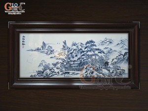 Tranh sứ thủy mặc cao cấp vẽ cảnh Sơn Thủy Hữu Tình, 68x128cm Tranh sứ thủy mặc cao cấp vẽ cảnh Sơn Thủy Hữu Tình, 68x128cm