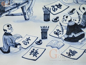 Tranh sứ thủy mặc cao cấp vẽ cảnh Thày Đồ Dạy Chữ, 60x90cm