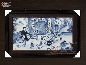 Tranh sứ thủy mặc cao cấp vẽ cảnh Thày Đồ Dạy Chữ, 60x90cm