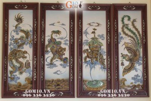 Tranh sứ bộ đắp nổi Tứ Linh Long Lân Quy Phụng, 1m28x48cm (Khung Gỗ Gụ)