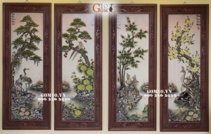 Bộ tranh sứ đắp nổi Tứ Quý bốn mùa S1, 1m28x48cm (Khung Gỗ Gụ)