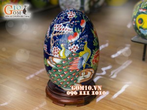 Trứng phong thủy nền xanh vẽ Công Đào 48cm