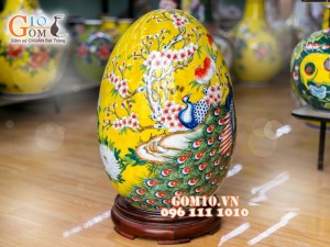 Trứng phong thủy vàng vẽ công đào 48cm