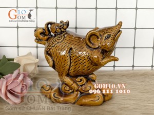 Tượng chuột linh vật vàng cõng con, cao 12cm