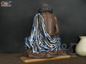 Tượng Đạt Ma ngồi thiền gốm men hoả biến xanh đá, cao 43cm