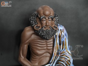 Tượng Đạt Ma ngồi thiền gốm men hoả biến xanh đá, cao 43cm