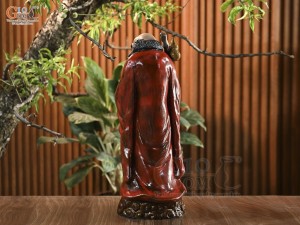 Tượng Đạt Ma quá hải áo đỏ men hoả biến, cao 65cm