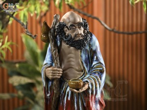 Tượng Đạt Ma quá hải áo xanh men hoả biến, cao 65cm