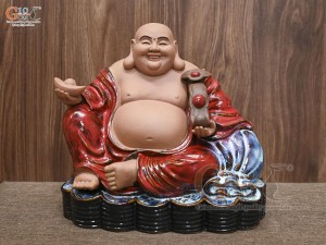 Tượng Di Lặc cầm gậy như ý men hoả biến, cao 32cm