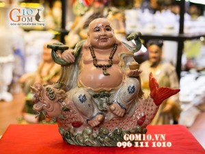 Tượng Di Lạc cưỡi cá chép hóa rồng 37cm