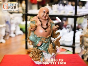 Tượng Di Lạc Cưỡi Quy Lão Cầm Châu Sa Kim Ngân 37cm