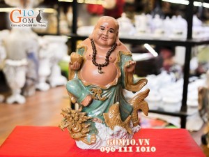 Tượng Di Lạc Cưỡi Quy Lão Cầm Châu Sa Kim Ngân 37cm