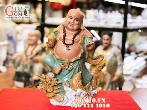Tượng Di Lạc Cưỡi Quy Lão Cầm Châu Sa Kim Ngân 37cm