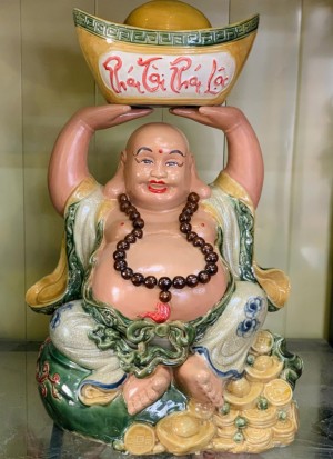 Tượng Di Lạc dâng vàng Phát Tài Phát Lộc men rạn, cao 60cm