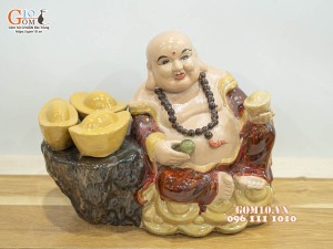 Tượng Di Lạc dựa vàng men màu, cao 25cm