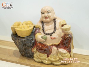Tượng Di Lạc dựa vàng men màu, cao 25cm