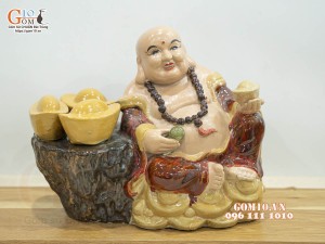 Tượng Di Lạc dựa vàng men màu, cao 25cm