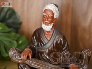 Tượng gốm Lý Bá Nha chơi đàn áo nâu, cao 21cm