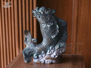 Tượng gốm men màu xanh Cá Chép Hóa Rồng, cao 54cm