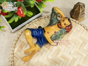 Tượng gốm ông lão há miệng chờ sung, 17cm (xanh ngọc)