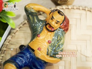 Tượng gốm ông lão há miệng chờ sung, 17cm (xanh ngọc)