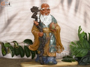 Tượng gốm ông Thọ men màu, cao 38cm (Có Gậy)