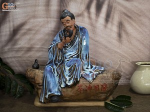 Tượng gốm thần trà men hỏa biến xanh đá, rộng 41cm