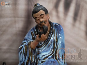 Tượng gốm thần trà men hỏa biến xanh đá, rộng 41cm