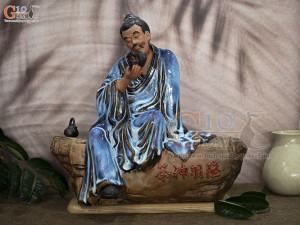 Tượng gốm thần trà men hỏa biến xanh đá, rộng 48cm