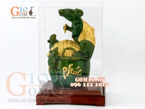 Tượng linh vật Chuột Sa Chĩnh Gạo dát vàng màu xanh ngọc cao 29cm