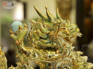 Tượng Linh vật Giáp Thìn men vân mây xanh vẽ vàng 24k cao cấp, cao 25cm