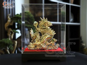 Tượng Linh vật Giáp Thìn men vân mây xanh vẽ vàng 24k cao cấp, cao 25cm